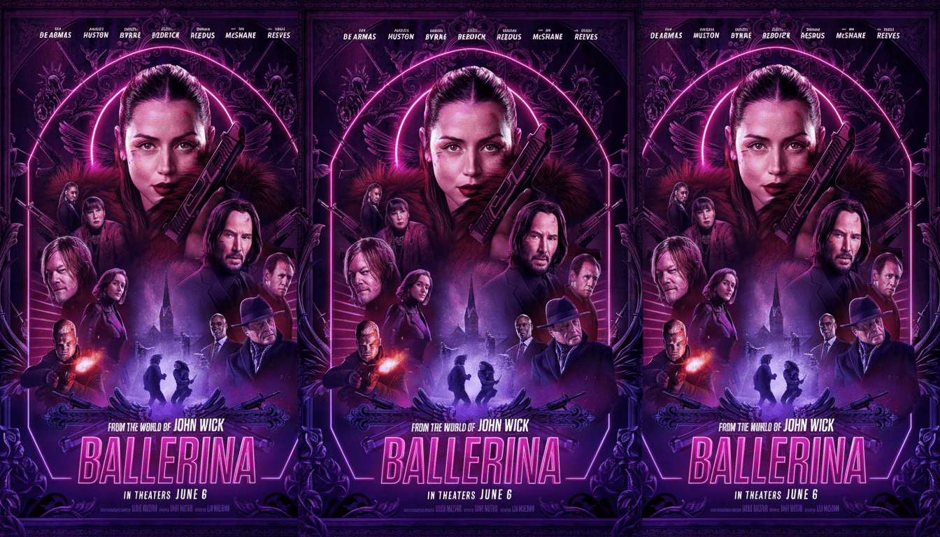 A movie poster for Ballerina featuring Ana de Armas prominently at the top, holding a gun, with Keanu Reeves and other cast members below her, all set against a dark, neon-purple background with intricate designs.