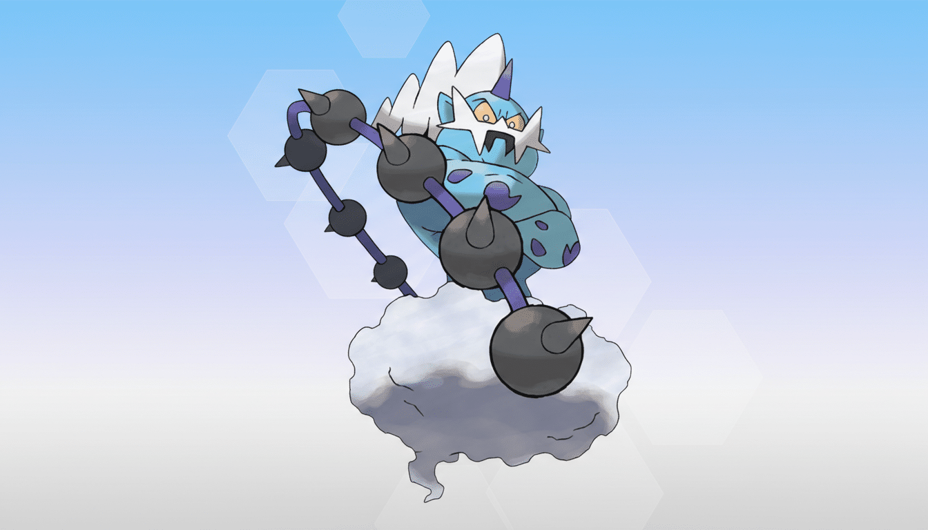 A blue and purple Pokémon with white spiky hair and a chain-like arm, floating on a cloud, set against a professional light blue and white gradient background with subtle hexagonal patterns.