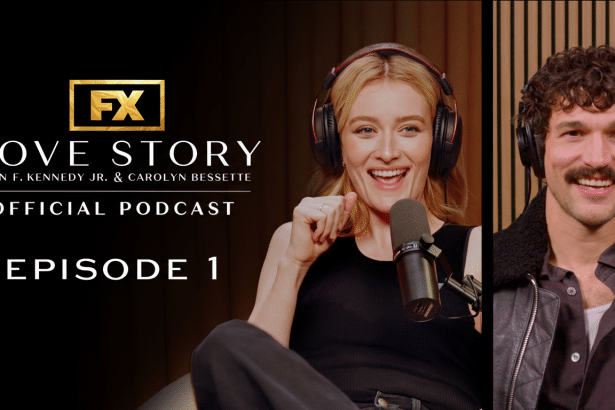 A promotional image for the Love Story podcast, featuring a smiling woman with headphones and a microphone on the left, and a smiling man with headphones on the right. The text FX LOVE STORY JOHN F. KENNEDY JR. & CAROLYN BESSETTE OFFICIAL PODCAST EPISODE 1 is overlaid on the left side of the image.