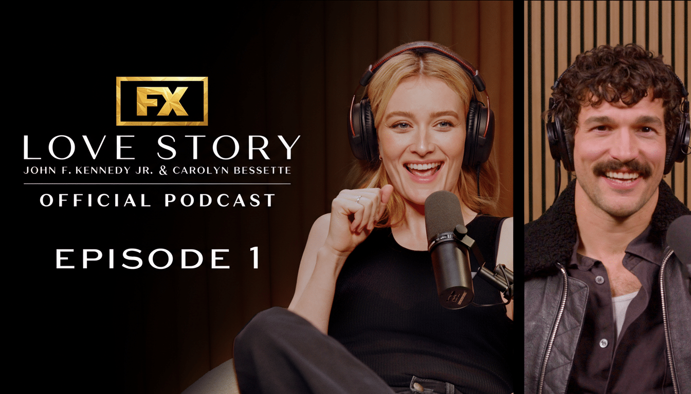 A promotional image for the Love Story podcast, featuring a smiling woman with headphones and a microphone on the left, and a smiling man with headphones on the right. The text FX LOVE STORY JOHN F. KENNEDY JR. & CAROLYN BESSETTE OFFICIAL PODCAST EPISODE 1 is overlaid on the left side of the image.