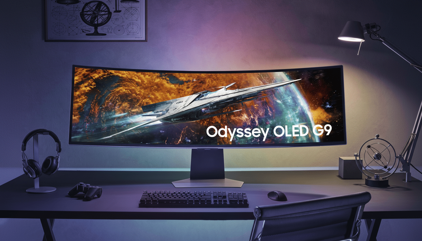 A Samsung Odyssey OLED G9 monitor displaying a spaceship in space, set up on a desk with a keyboard, mouse, headphones, and a game controller.