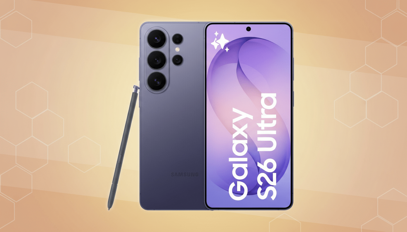 A Samsung Galaxy S26 Ultra phone in purple, with its screen displaying Galaxy S26 Ultra text and a purple abstract design, is shown alongside a matching stylus. The background is a professional flat design with soft orange and yellow gradients and subtle hexagonal patterns.