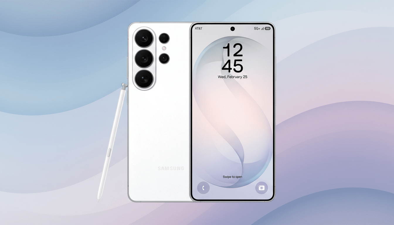 A white Samsung smartphone with its screen displaying the time and date, accompanied by a white stylus, set against a professional flat design background with soft blue and purple gradients and subtle wave patterns.