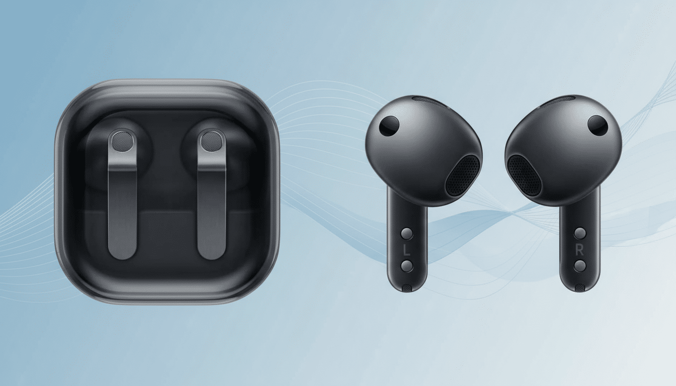 A pair of black wireless earbuds and their charging case are displayed against a professional blue gradient background with subtle wave patterns.