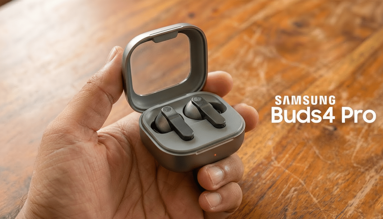 A hand holding an open case of Samsung Buds4 Pro earbuds, with the earbuds visible inside, against a wooden background.