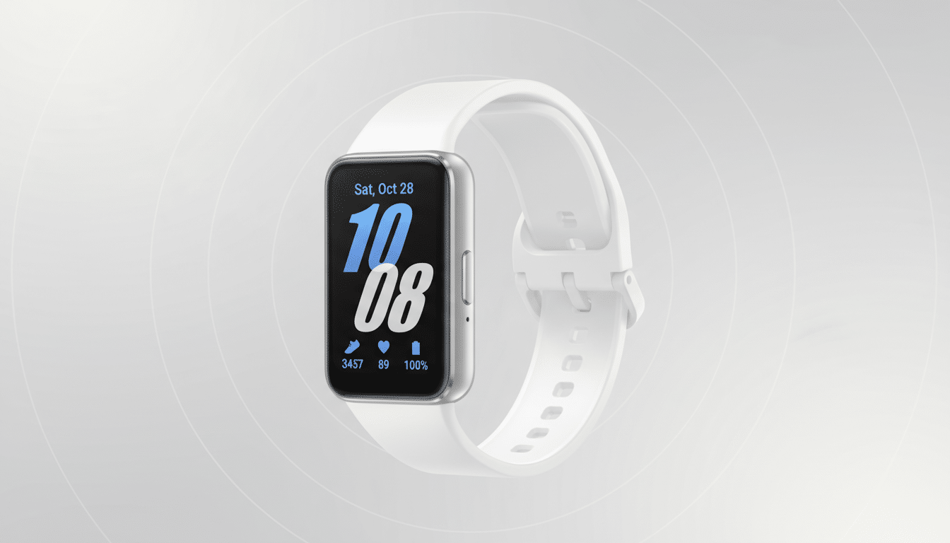 A white smartwatch with a rectangular screen displaying the date Sat, Oct 28 and the time 10:08, along with fitness tracking icons and percentages, set against a professional light gray background with subtle circular patterns.
