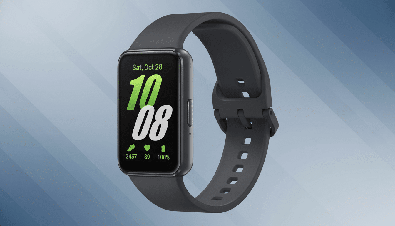 A dark gray smartwatch with a rectangular screen displaying the date Sat, Oct 28, time 10:08, and fitness metrics, presented on a professional blue-gray gradient background.