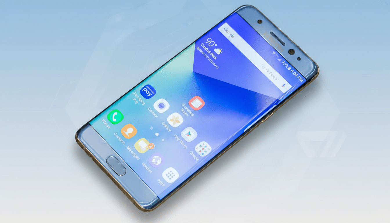 A Samsung Galaxy Note 7 smartphone displayed on a professional flat design background with soft blue gradients and subtle geometric patterns.