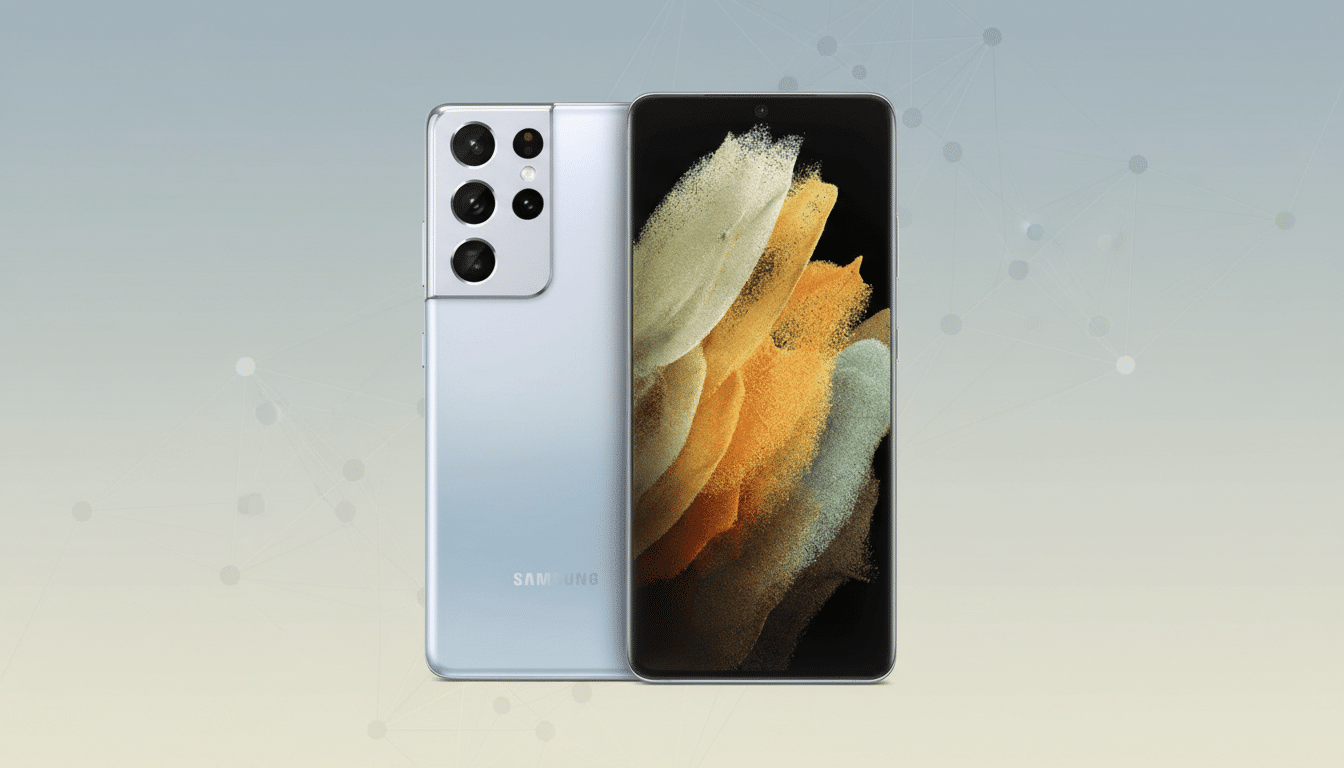 A light blue Samsung Galaxy S21 Ultra smartphone is displayed at a 16:9 aspect ratio on a professional flat design background with soft patterns and gradients. The phones front and back are visible, showcasing its camera array and screen.