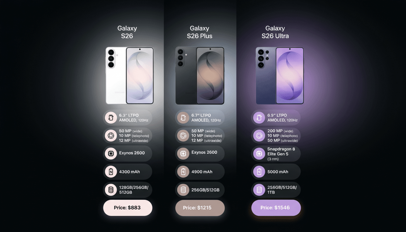 A comparison chart of three Samsung Galaxy S26 phone models: S26, S26 Plus, and S26 Ultra, detailing their screen size, display technology, camera specifications, processor, battery capacity, storage options, and price.