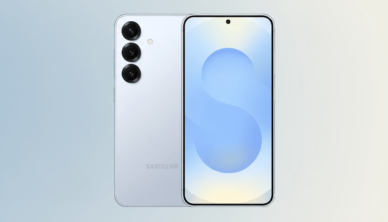A light gray Samsung smartphone, showing both its front and back, set against a professional flat design background with soft blue and yellow gradients.