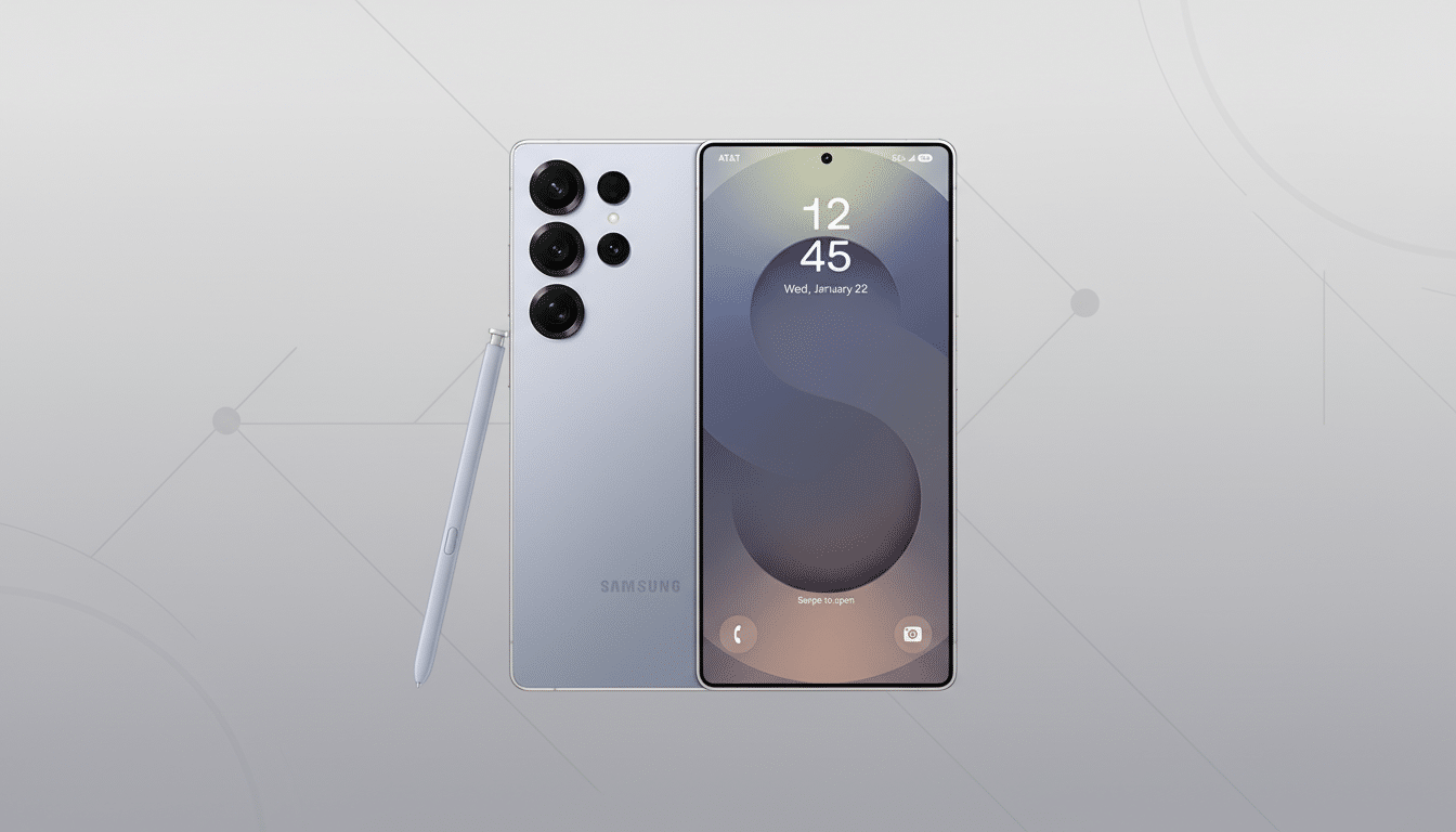 A light gray Samsung smartphone with its S Pen stylus, presented on a professional flat design background with subtle gray patterns.