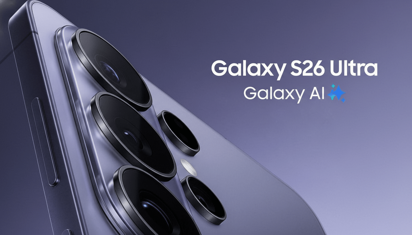 A close-up, professionally enhanced image of a purple Samsung Galaxy S26 Ultra phone, showcasing its multiple camera lenses. The background is a soft, gradient purple, and the text Galaxy S26 Ultra and Galaxy AI with a sparkling icon are visible.