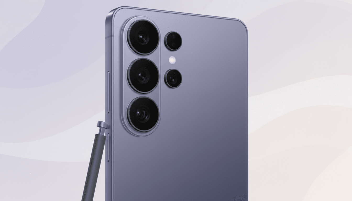 A close-up, professional shot of the back of a purple smartphone with multiple camera lenses and a stylus partially inserted, set against a soft, light purple gradient background.