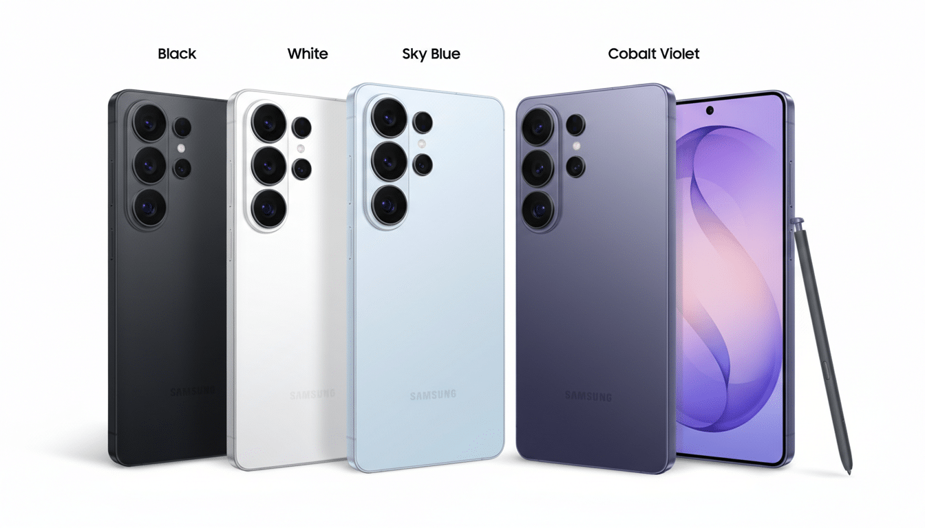 A professional image of four Samsung smartphones in black, white, sky blue, and cobalt violet, with a fifth cobalt violet phone displayed face-up alongside its stylus, all against a clean white background.