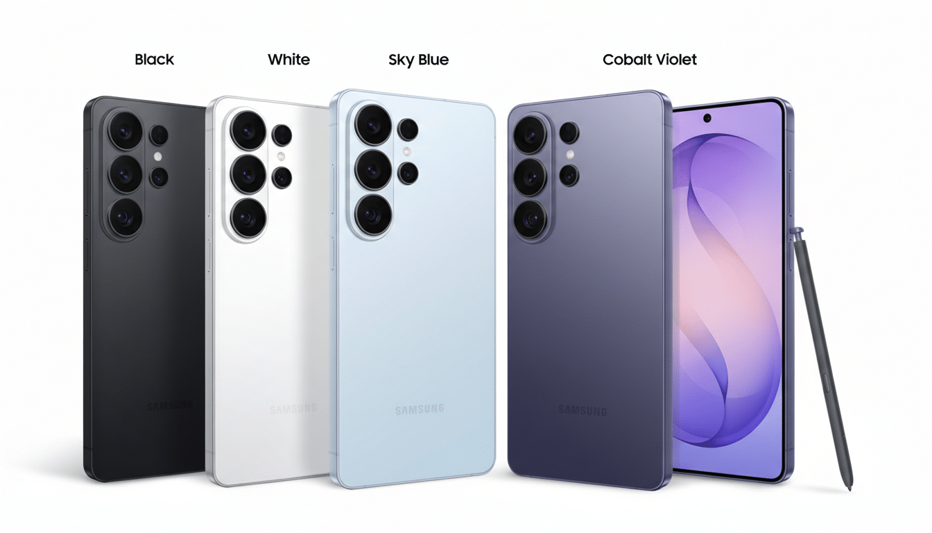 A 16:9 aspect ratio image showcasing four Samsung smartphones in Black, White, Sky Blue, and Cobalt Violet, with a fifth phone in Cobalt Violet displayed from the front with its screen on, accompanied by a stylus.