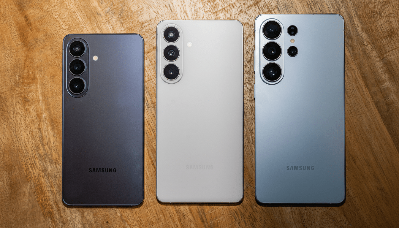 Three Samsung smartphones, dark gray, white, and light blue, are arranged side-by-side on a wooden surface.