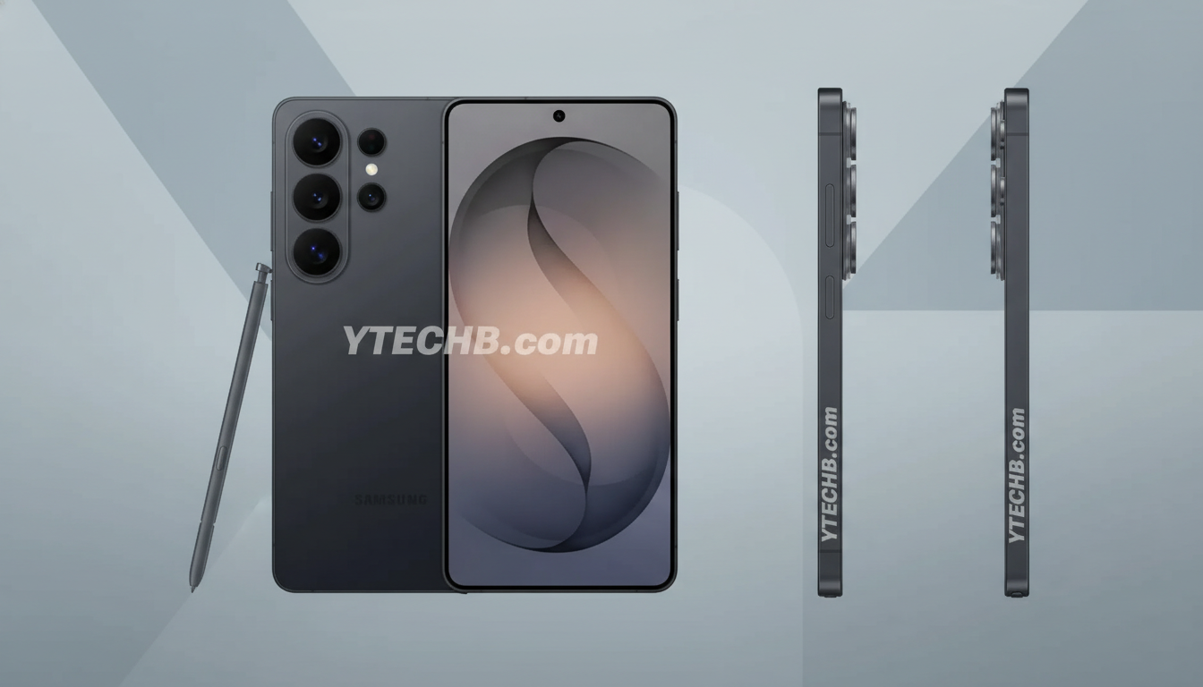 A professional image of a dark gray smartphone with a stylus, presented in a 16:9 aspect ratio with a clean, soft patterned background.