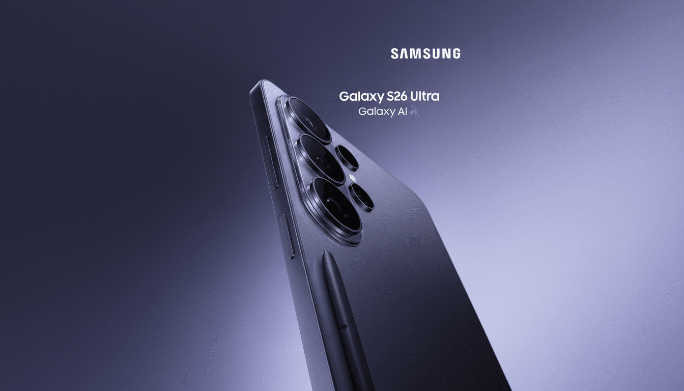 A Samsung Galaxy S26 Ultra phone in a purple hue, with its S Pen stylus, presented on a gradient background.