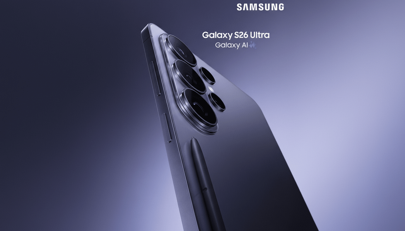 A Samsung Galaxy S26 Ultra phone in a purple hue, with its S Pen stylus, presented against a professional purple gradient background.