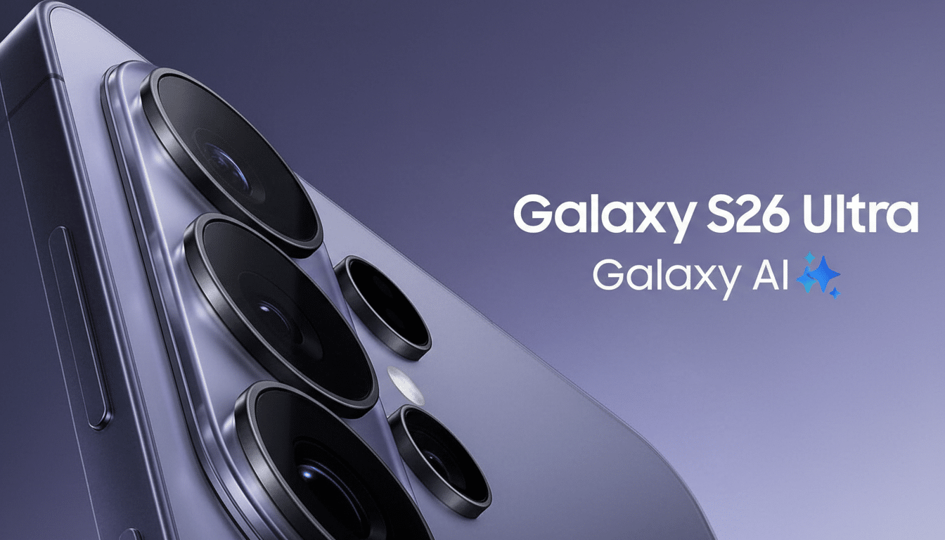 A close-up, professional shot of the back of a purple Samsung Galaxy S26 Ultra phone, showcasing its multiple camera lenses. The text Galaxy S26 Ultra and Galaxy AI with a sparkling icon are visible on a gradient purple background.