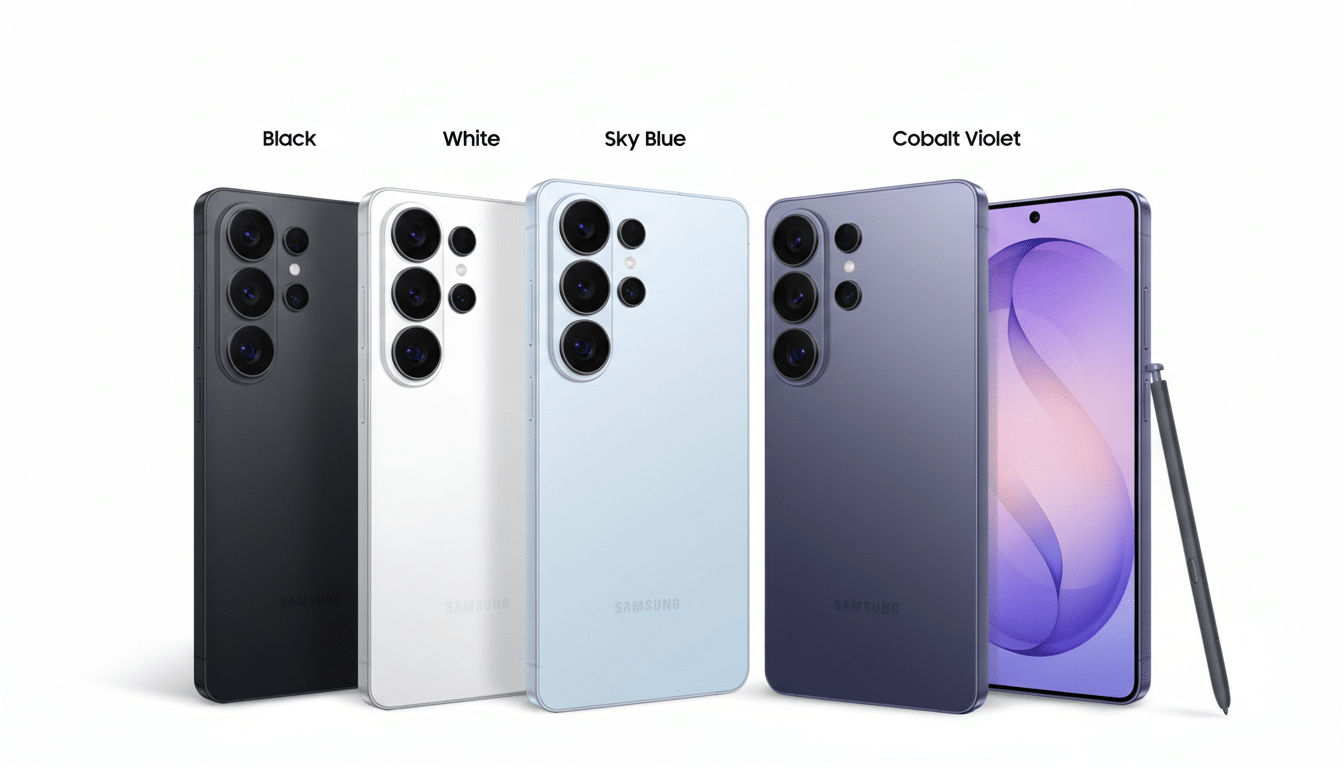 A professional image of five Samsung smartphones in black, white, sky blue, and cobalt violet, with one phone displaying its screen and a stylus.