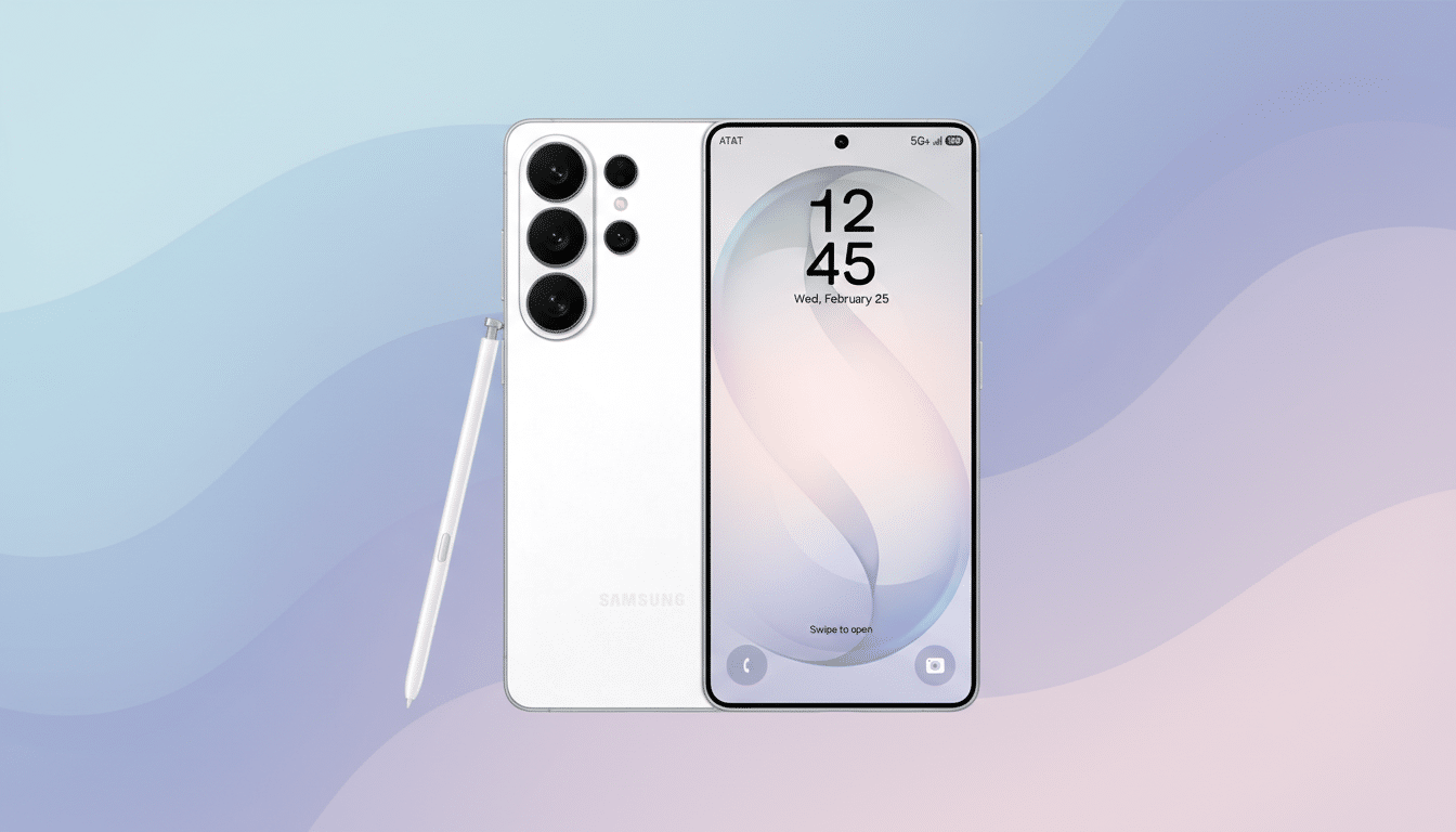 A white Samsung smartphone with its S Pen stylus, presented against a soft, gradient background in shades of blue and purple. The phones screen displays the time 12:45 and the date Wed, February 25.