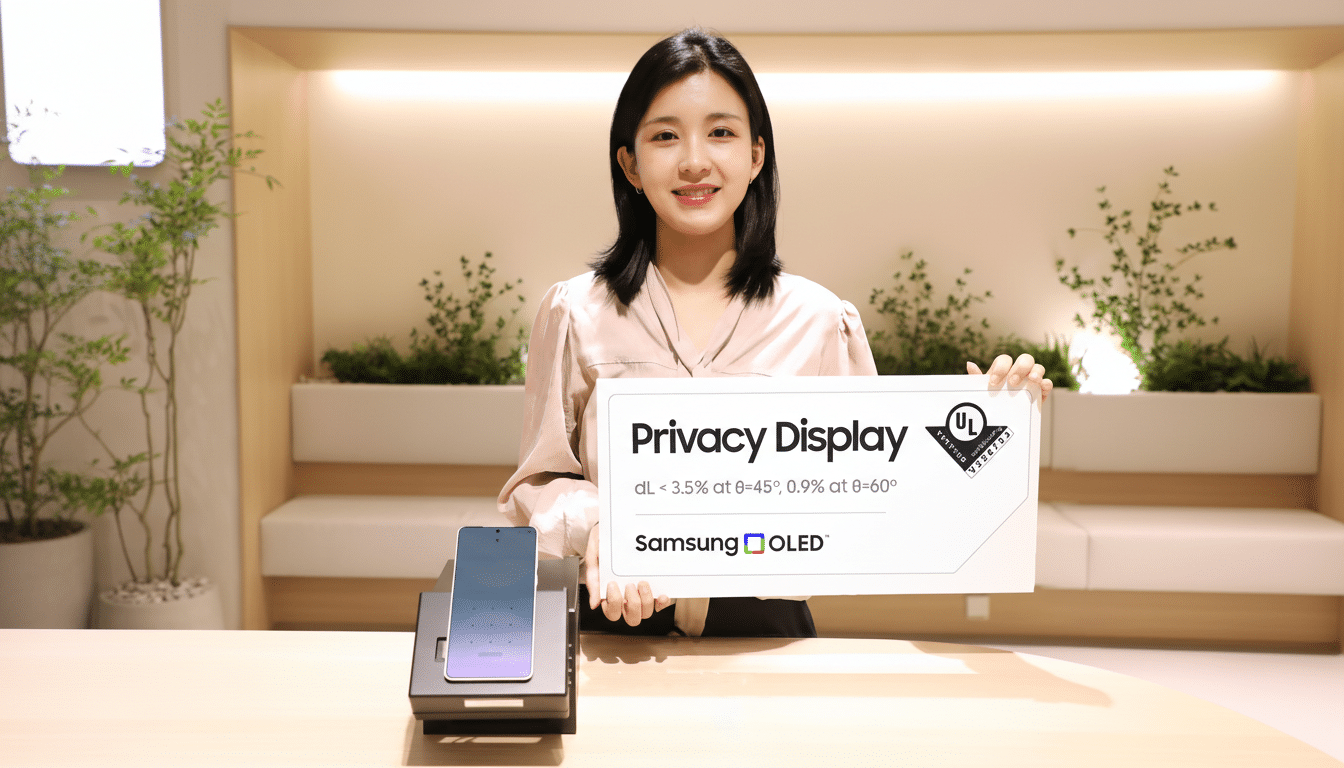 A woman holding a Privacy Display sign with a Samsung phone on a stand in front of her, set in a modern, well-lit room with plants.