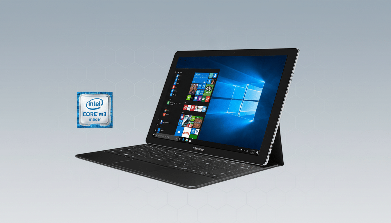 A Samsung tablet with a detachable keyboard, displaying the Windows 10 desktop, alongside an Intel Core m3 inside logo, set against a professional gray background with a subtle hexagonal pattern.