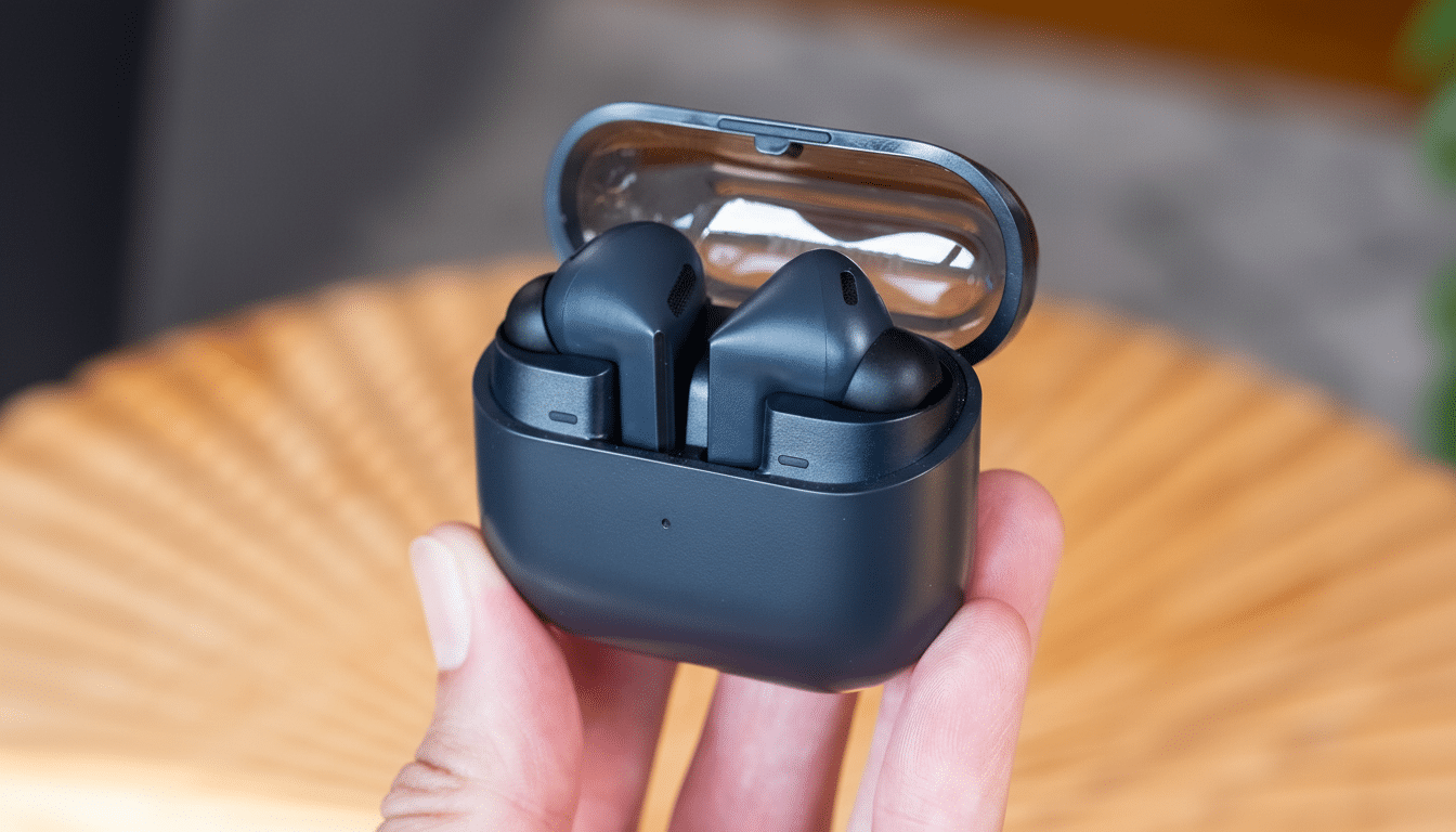A hand holding an open case of dark gray wireless earbuds.