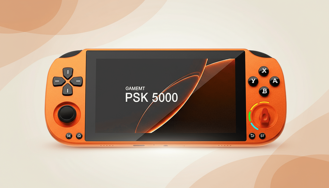 An orange handheld gaming console, the GAMEMT PSK 5000, is centered on a professional light orange background with subtle, soft wave patterns.