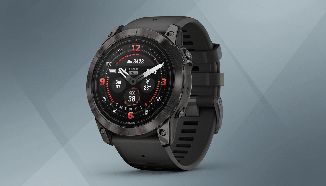 A Garmin Epix Pro smartwatch with a dark gray case and black band, displaying a digital watch face with red accents, set against a professional flat design background with soft geometric patterns.