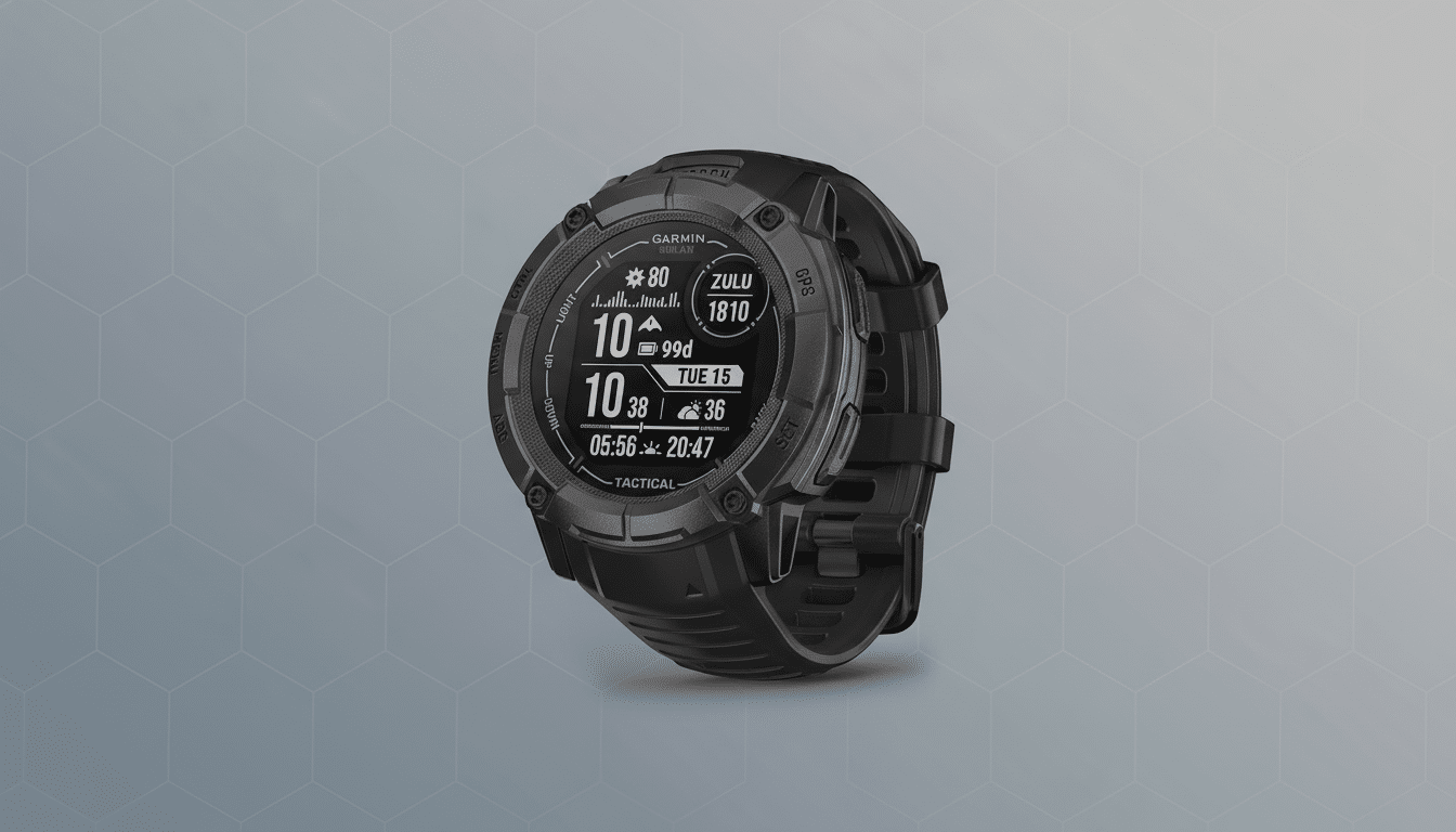 A black Garmin Solar Tactical smartwatch displayed on a professional gray background with a subtle geometric pattern.