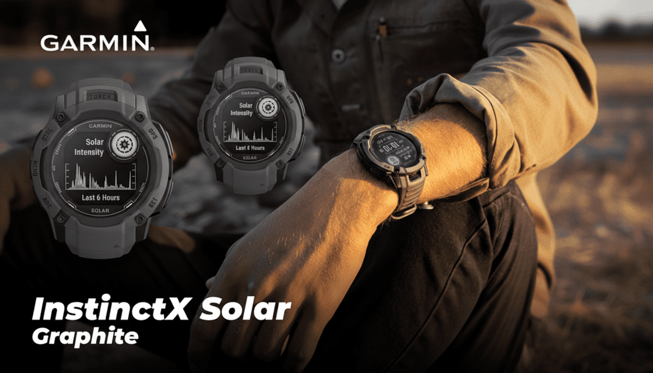 A 16:9 aspect ratio image featuring a person wearing a Garmin Instinct 2X Solar Graphite smartwatch, with an enlarged, detailed view of the watch face showing Solar Intensity data. The Garmin logo and Instinct® 2X Solar Graphite text are also visible.