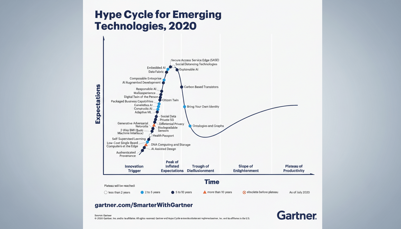 A professional, enhanced image of the Hype Cycle for Emerging Technologies, 2020 chart, resized to a 16:9 aspect ratio with a clean, professional flat design background.