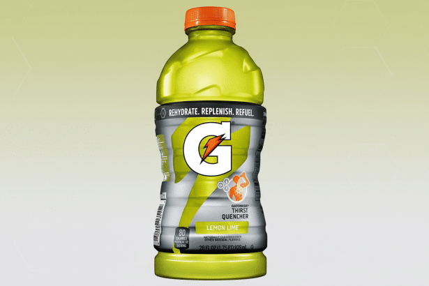 A 16:9 aspect ratio image of a Gatorade Lemon Lime drink bottle with a professional flat design background featuring soft patterns and gradients.
