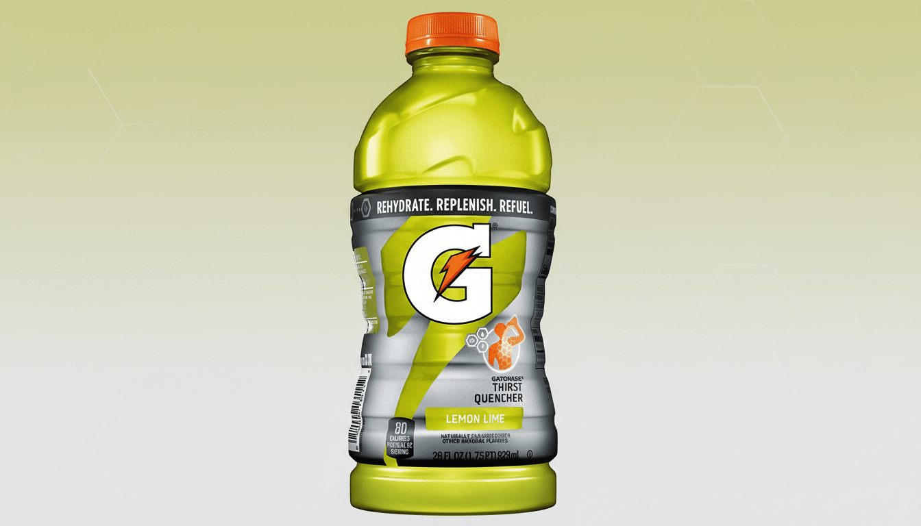 A 16:9 aspect ratio image of a Gatorade Lemon Lime drink bottle with a professional flat design background featuring soft patterns and gradients.