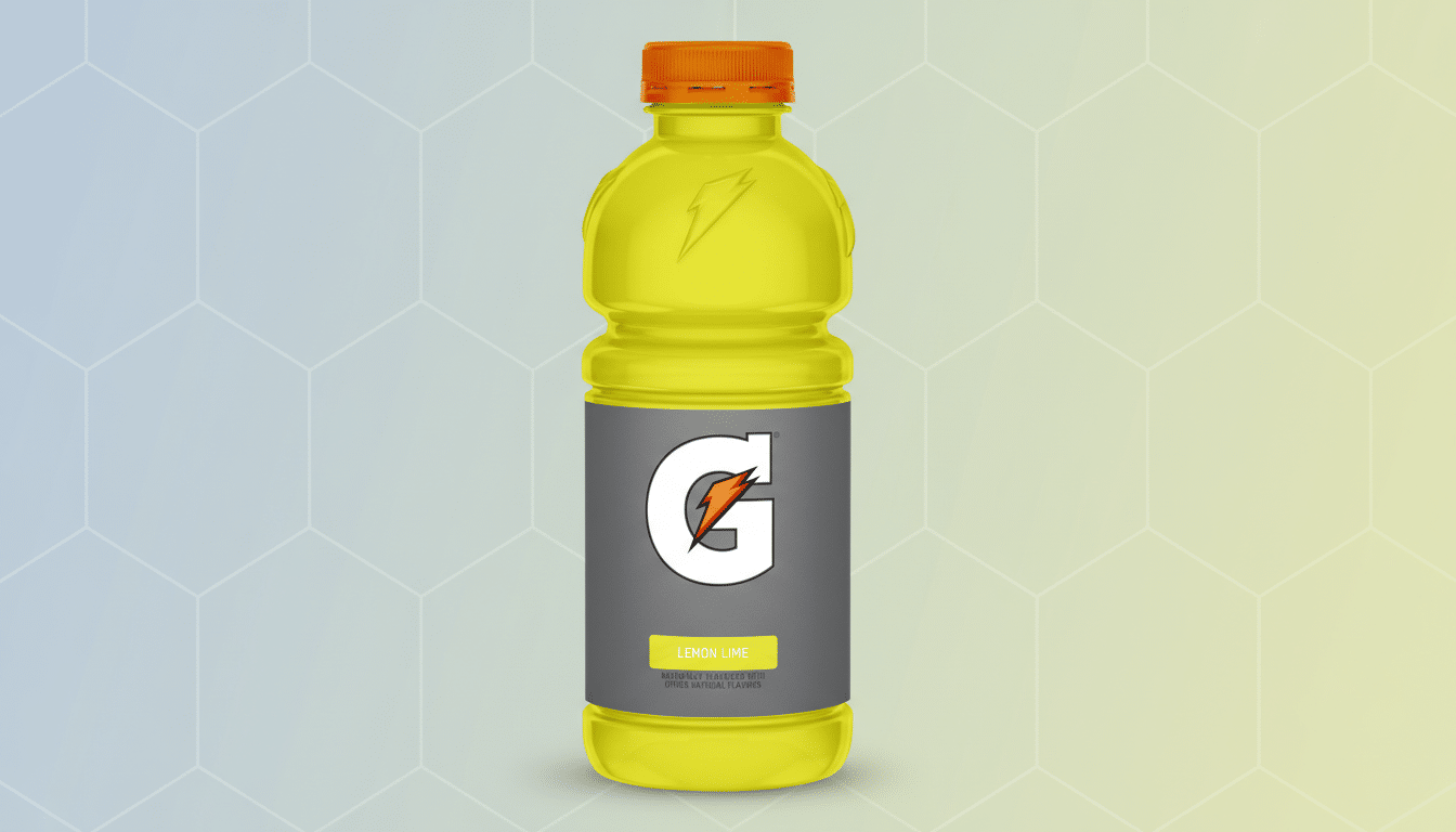 A 16:9 aspect ratio image of a yellow Gatorade Lemon Lime bottle with an orange cap, set against a professional flat design background with a subtle hexagonal pattern and a gradient from light blue to yellow.