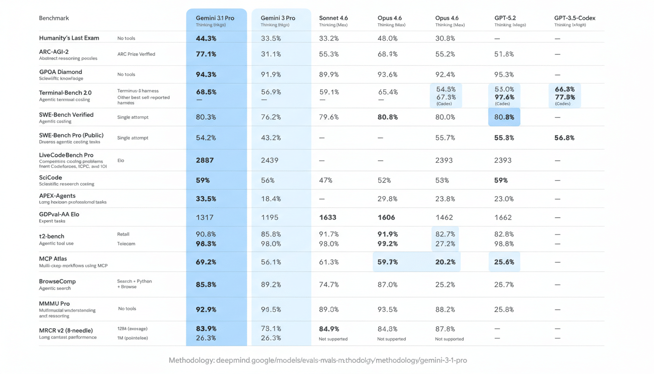A professional, enhanced image of a benchmark table comparing different AI models, resized to a 16:9 aspect ratio.