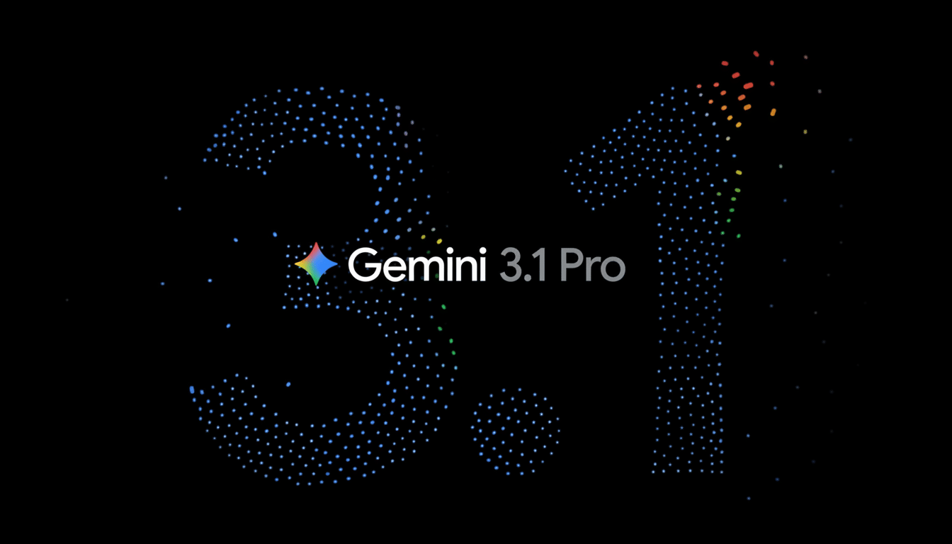 The text Gemini 3.1 Pro is displayed in white against a black background. The numbers 3.1 are formed by a pattern of small, colorful dots, with the 1 on the right side appearing to dissipate into a trail of red, orange, yellow, and green dots. A small, colorful star-like icon precedes the word Gemini.