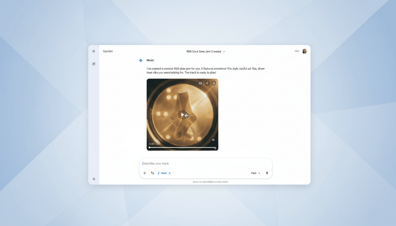 A screenshot of the Gemini interface, showing a music creation feature with a video player displaying a sock in a dryer. The interface is clean and professional, set against a soft blue gradient background.