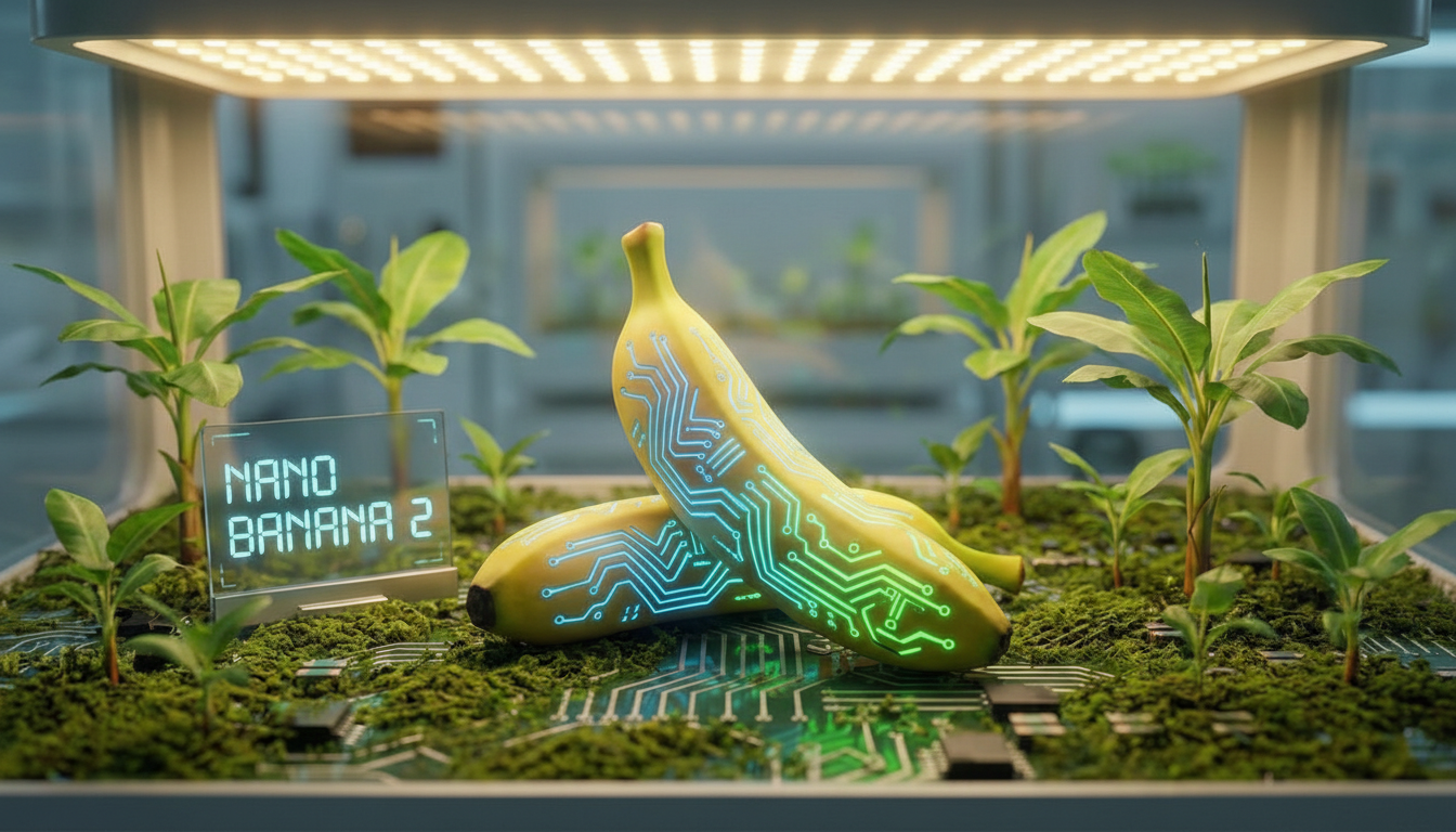 Two bananas with circuit board patterns glowing on their skins, surrounded by small banana plants and circuit board elements, under a grow light, with a sign that reads NANO BANANA 2.