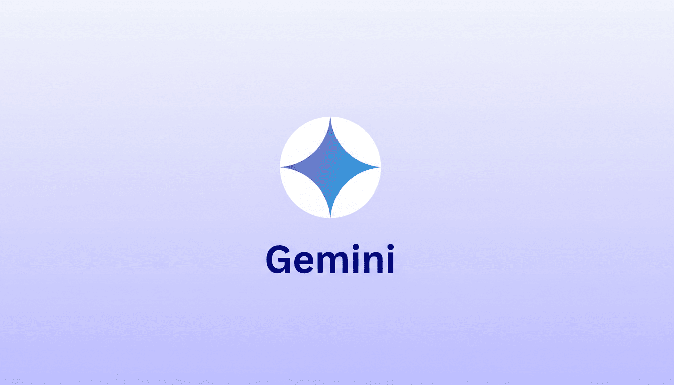 The Gemini logo, featuring a stylized four-pointed star in shades of blue and purple within a white circle, centered above the word Gemini in dark blue text, all set against a soft purple gradient background.