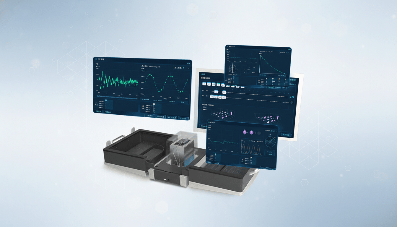 A professional image of a scientific device with multiple holographic screens displaying data visualizations and graphs, set against a clean, light blue background with subtle geometric patterns.
