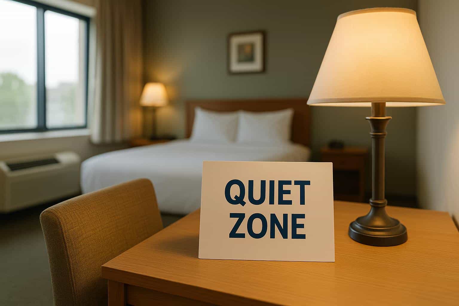 Modern bedroom with noise-reducing features in a hotel, illustrating quiet zone benefits