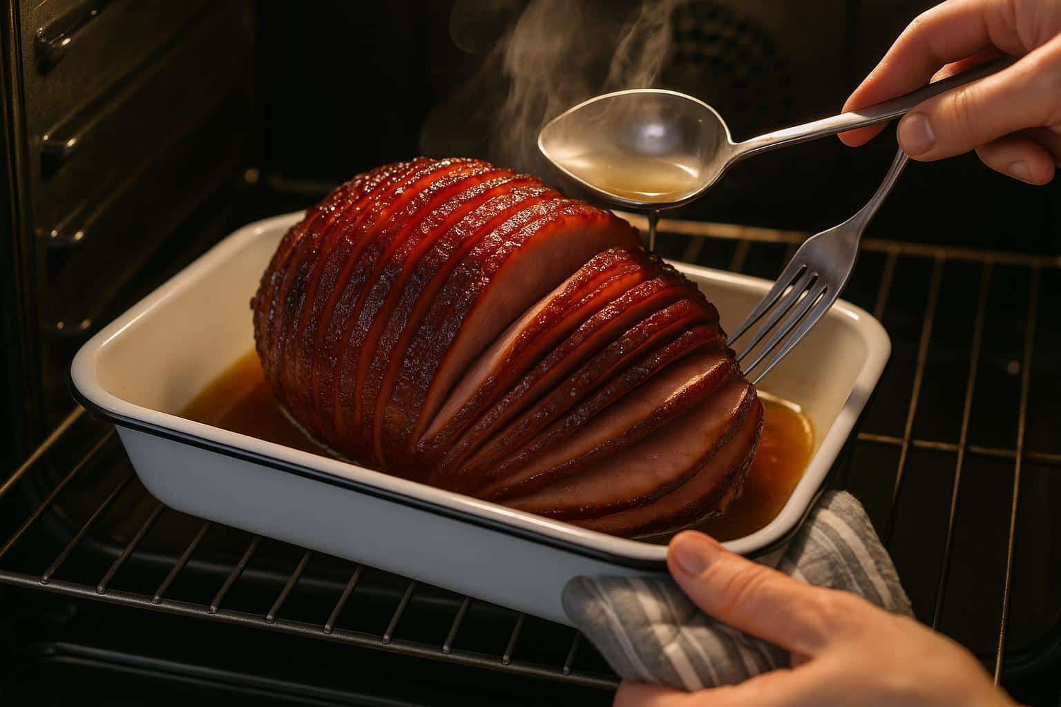 Reheating carved spiral roast without losing shape on tray, maintaining meat presentation