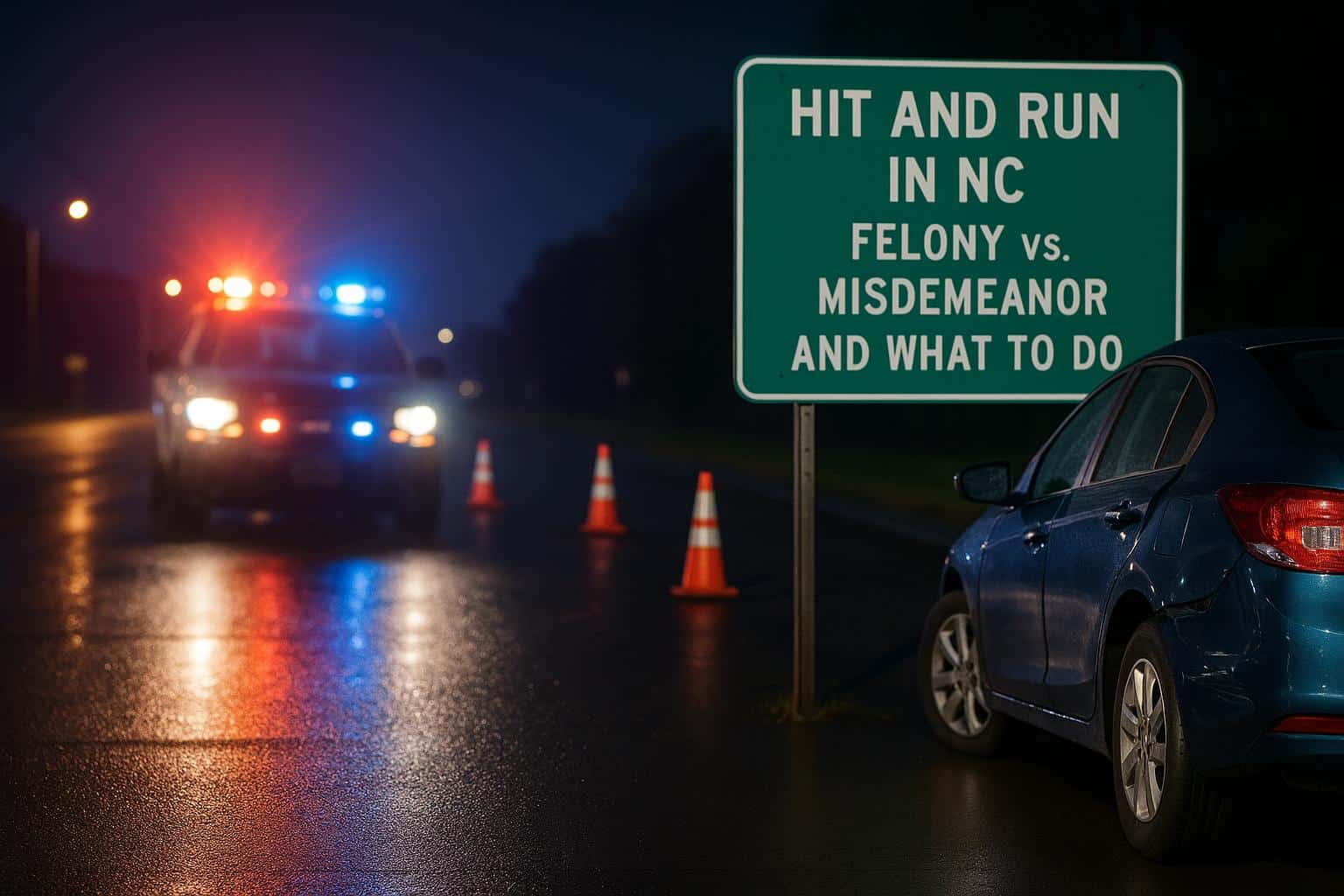 Damaged car on North Carolina road after hit and run, highlighting felony vs misdemeanor laws