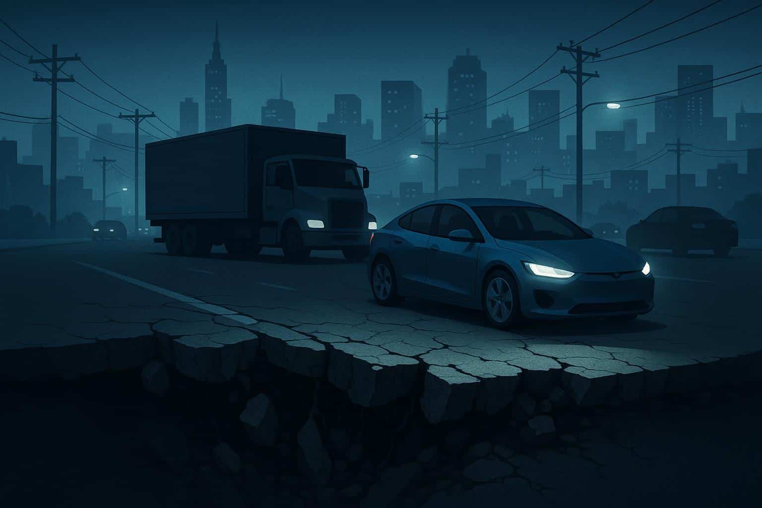 Electric vehicles driving on urban roads with city skyline in the background