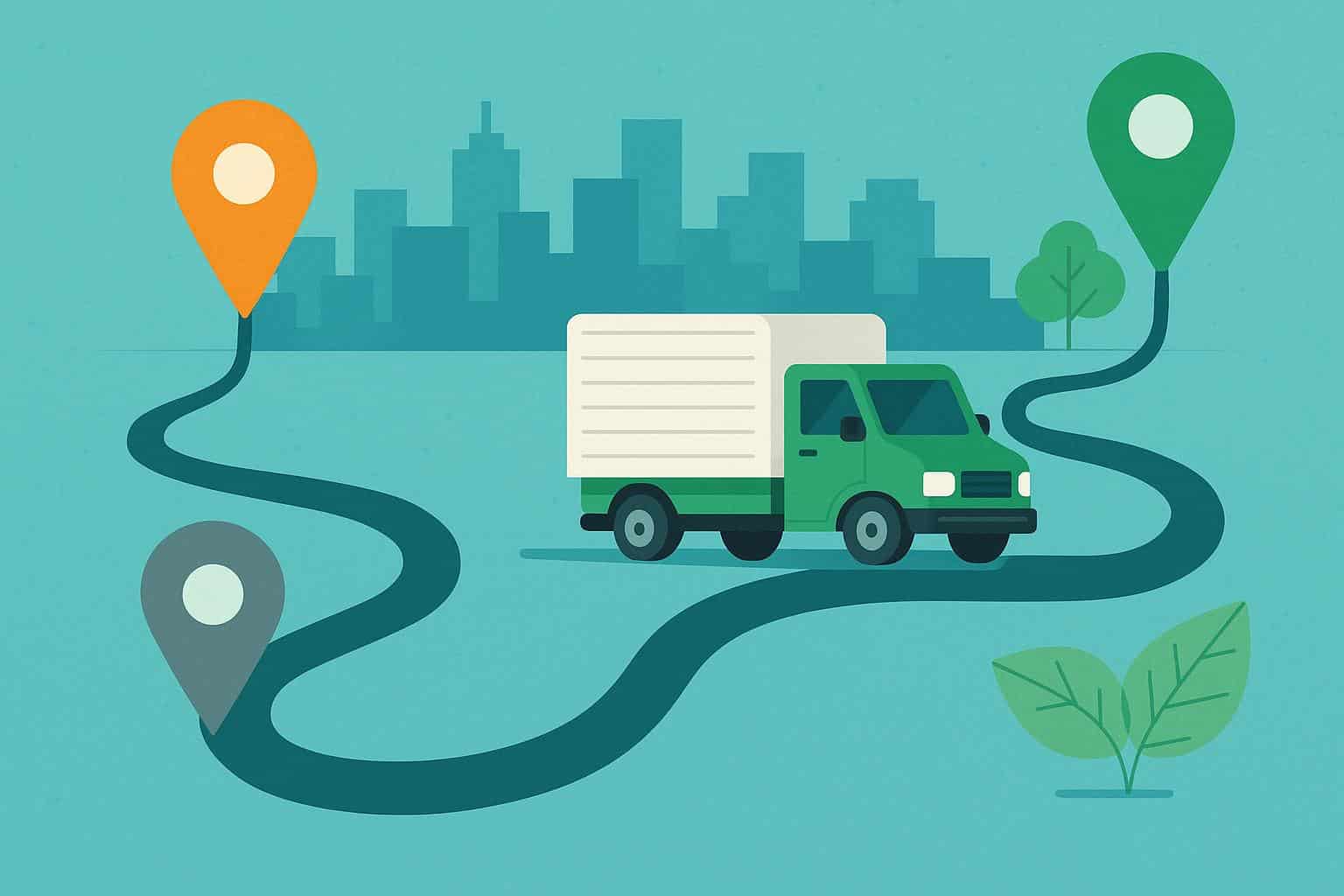 Delivery trucks on a city map with digital route lines, illustrating route optimization technology