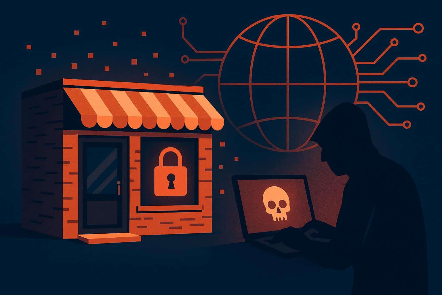 Cybercriminal targeting small business network with digital data breach and hacking symbols
